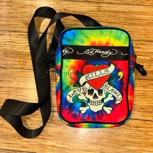 Ed Hardy Men's Y2K Skull Graphic “Love Kills Slowly” Mini Messenger Bag NWOT